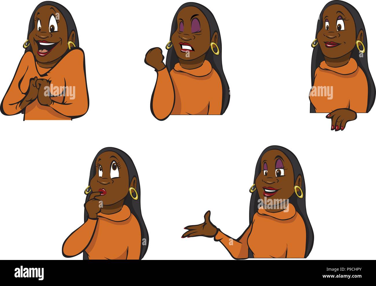 Cartoon vector illustration de femme noire dans différentes poses Illustration de Vecteur