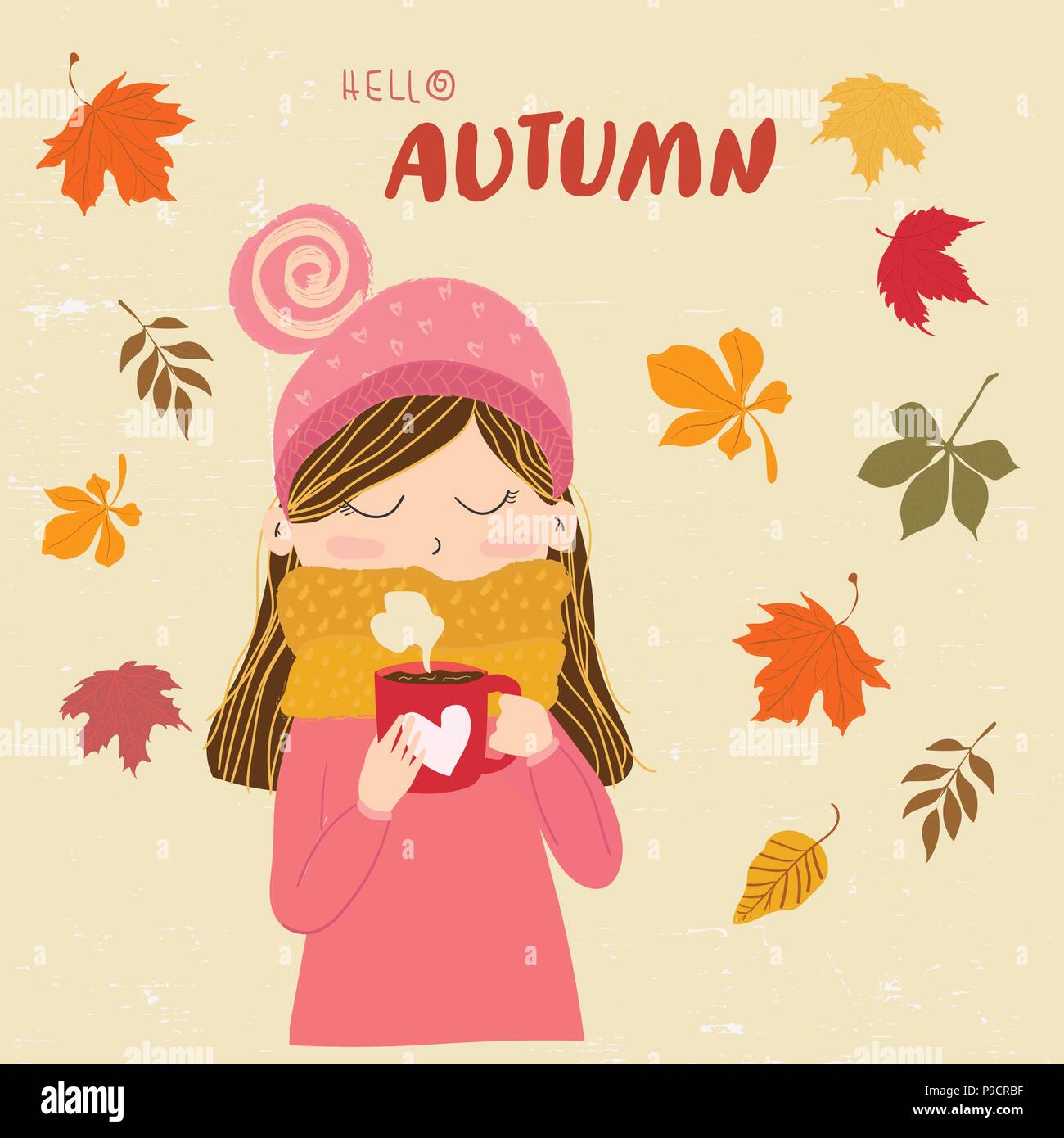 Une jolie fille en pull-over chaud avec l'écharpe holding Coffee cup avec  bonjour automne message. modèle de carte d'automne Image Vectorielle Stock  - Alamy