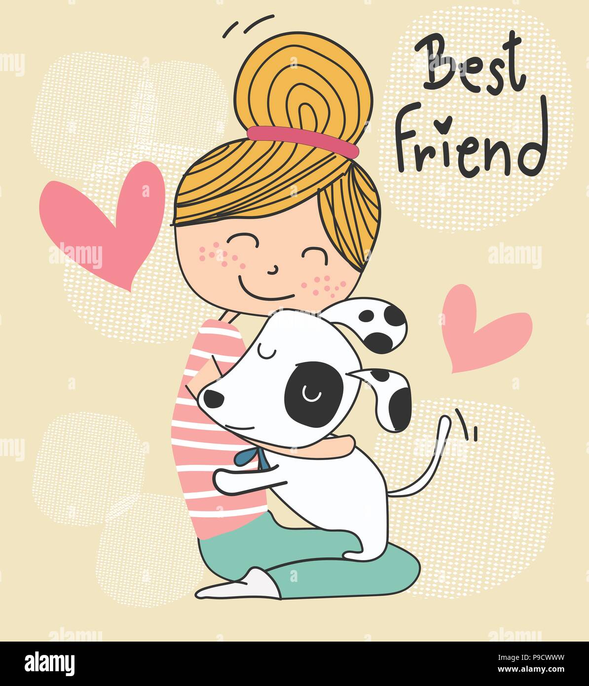 Un doodle mignon vecteur girl hugging un petit chien, meilleur ami concept Illustration de Vecteur