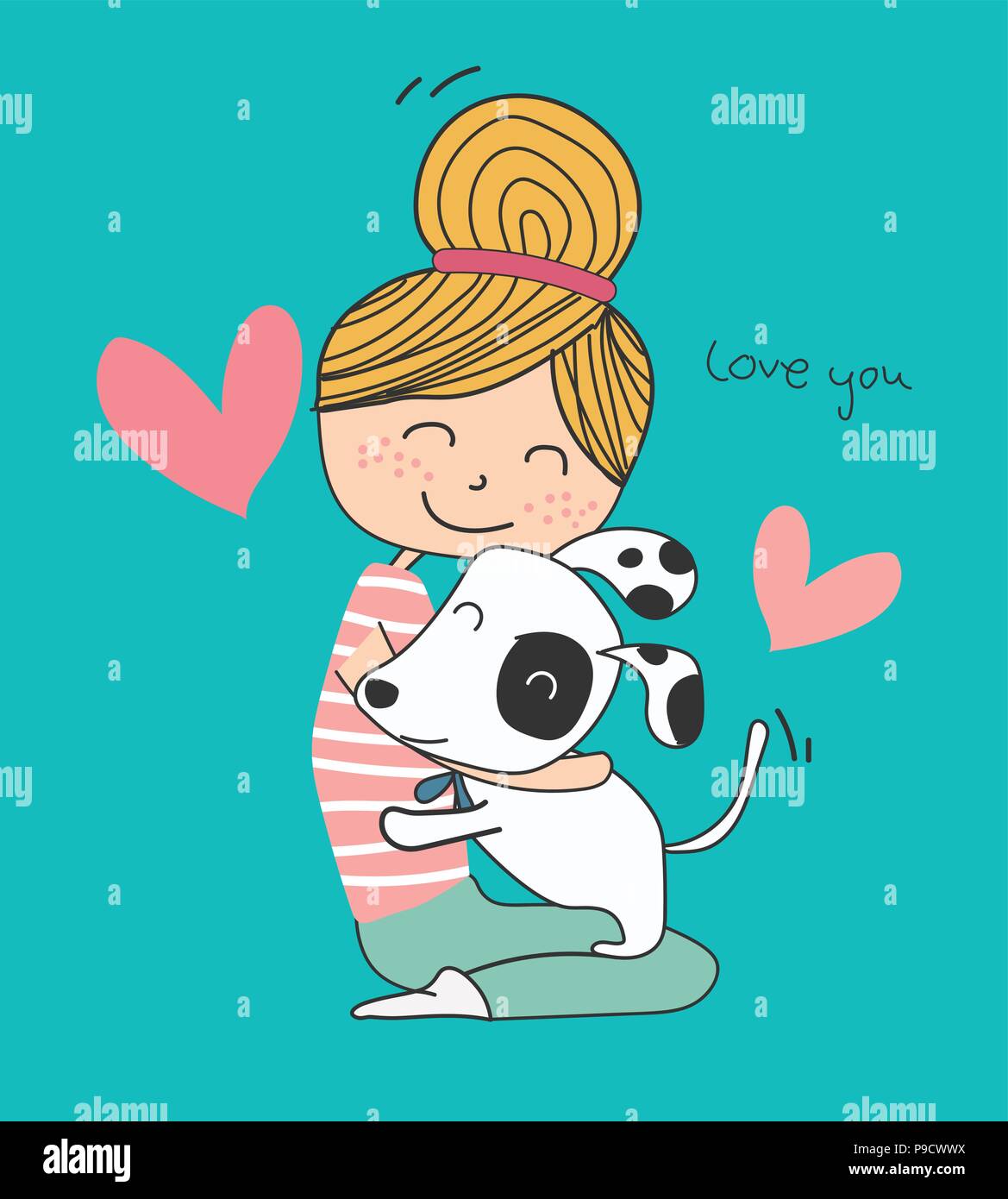 Cute girl hugging un doodle un chiot blanc Illustration de Vecteur