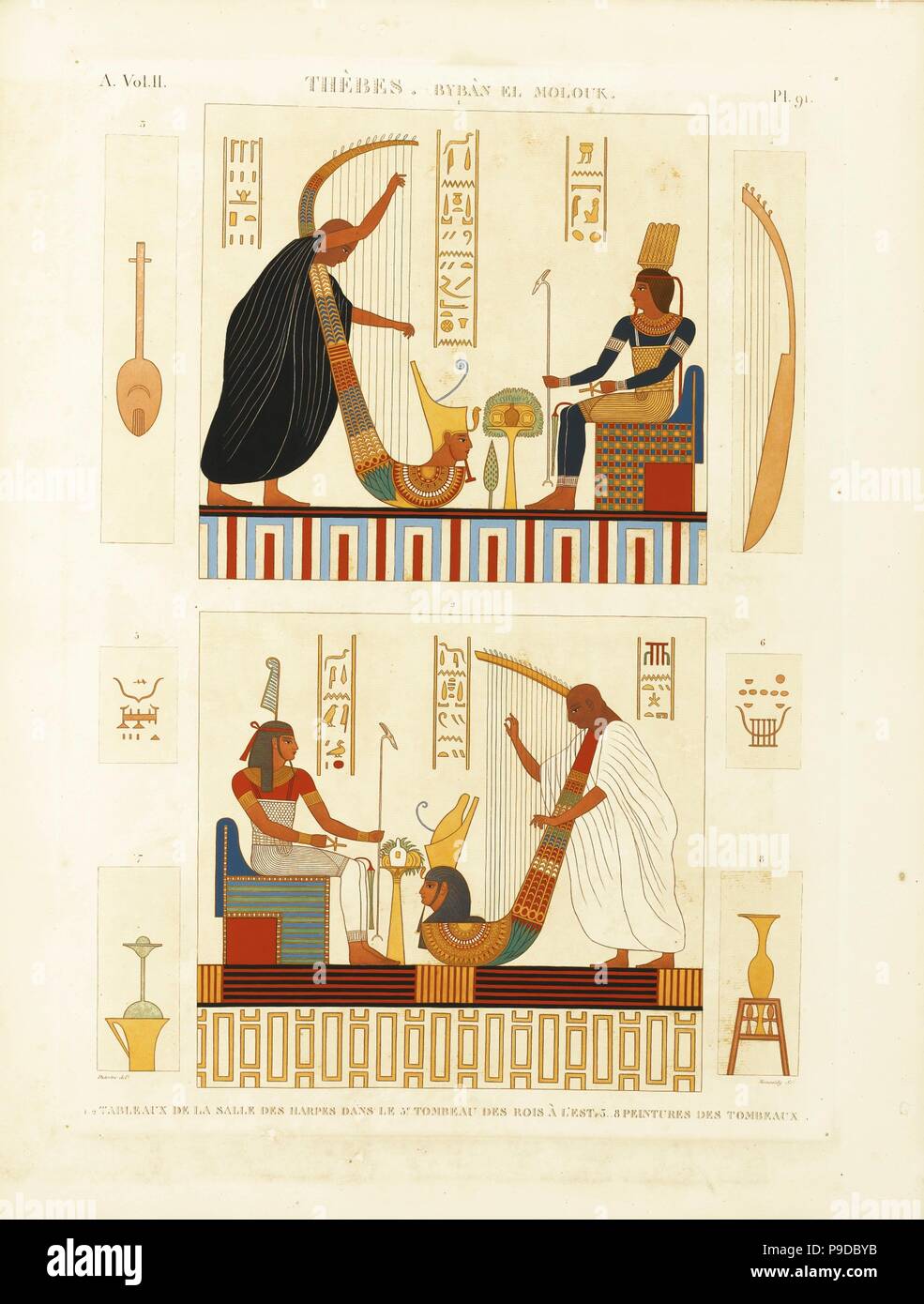 Deux peintures de harpers dans le tombeau du pharaon Ramsès III dans la Vallée des Rois. À partir de 'La Description de l'Égypte'. Musée : collection privée. Banque D'Images