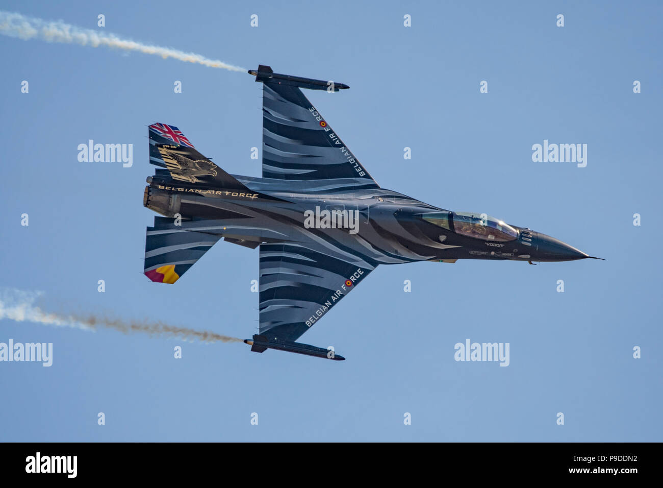 Belgian Air Force F-16 En vedette L'affichage d'un nouveau schéma de peinture et l'ajout d'un Union Jack sur l'empennage pour RAF Yeovilton à 100 jours de l'air 7/7/18. Banque D'Images