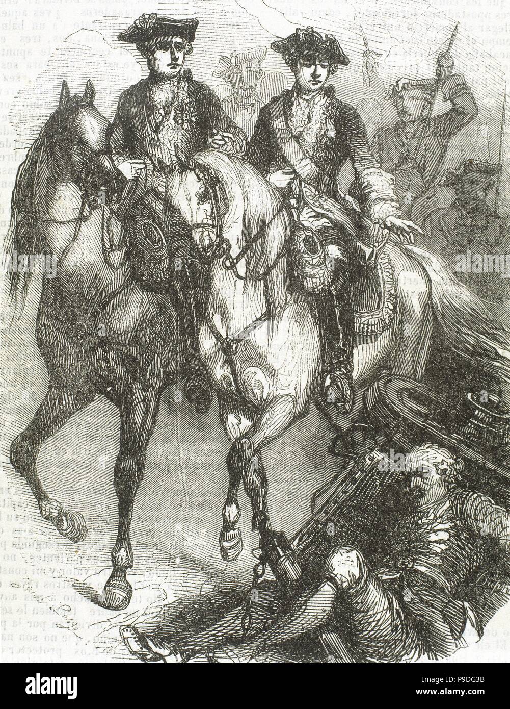Guerre de Succession d'Autriche (1740-1748). Louis XV (1710-1774), roi de France et son fils Louis, dauphin de France (1729-1765) à la bataille de Fontenoy, 11 mai 1745. Gravure, 1851. Banque D'Images