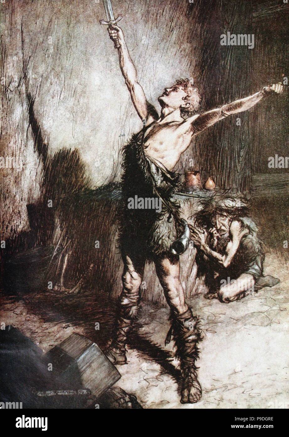 Siegfried forges son épée. Illustration pour 'et Siegfried Le Crépuscule des dieux" de Richard Wagner. Musée : collection privée. Banque D'Images