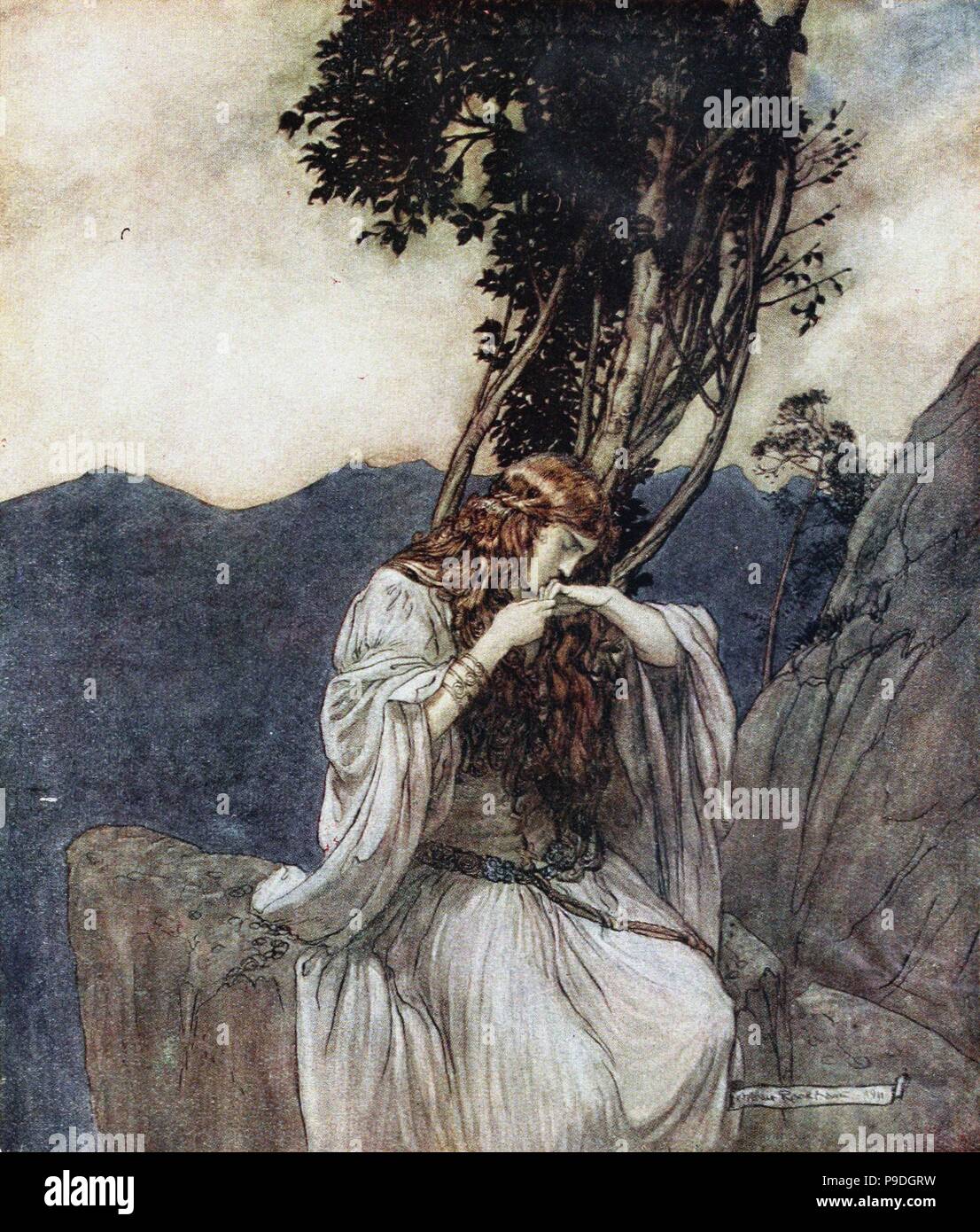 Brünnhilde baisers l'anneau que Siegfried est parti avec elle. Illustration pour 'et Siegfried Le Crépuscule des Dieux". Musée : collection privée. Banque D'Images