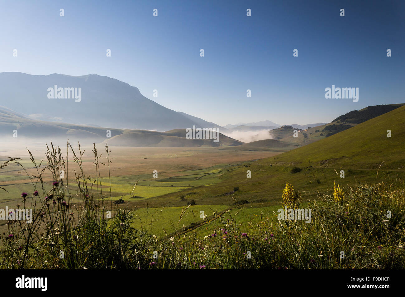 Avis de Castelluccio di Norcia (Ombrie) à l'aube, avec brouillard, Big Meadows et totalement vide ciel bleu Banque D'Images