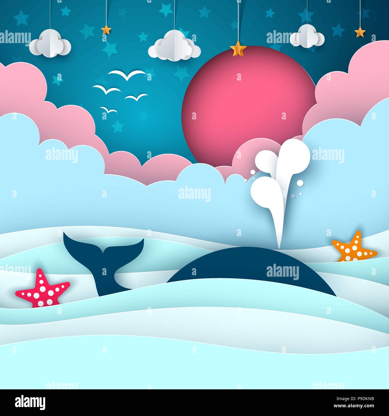 Papier dessin animé mer. Whale, nuage, étoile. Illustration de Vecteur