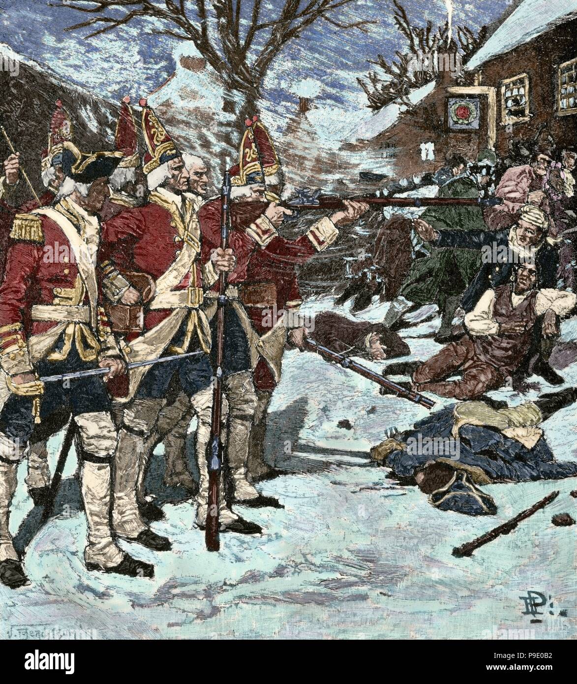 Guerre d'Indépendance américaine (1775-1783). Le massacre de Boston ou Boston Riot (1770). Redcoats Britannique tué cinq civils. La gravure. De couleur. Banque D'Images