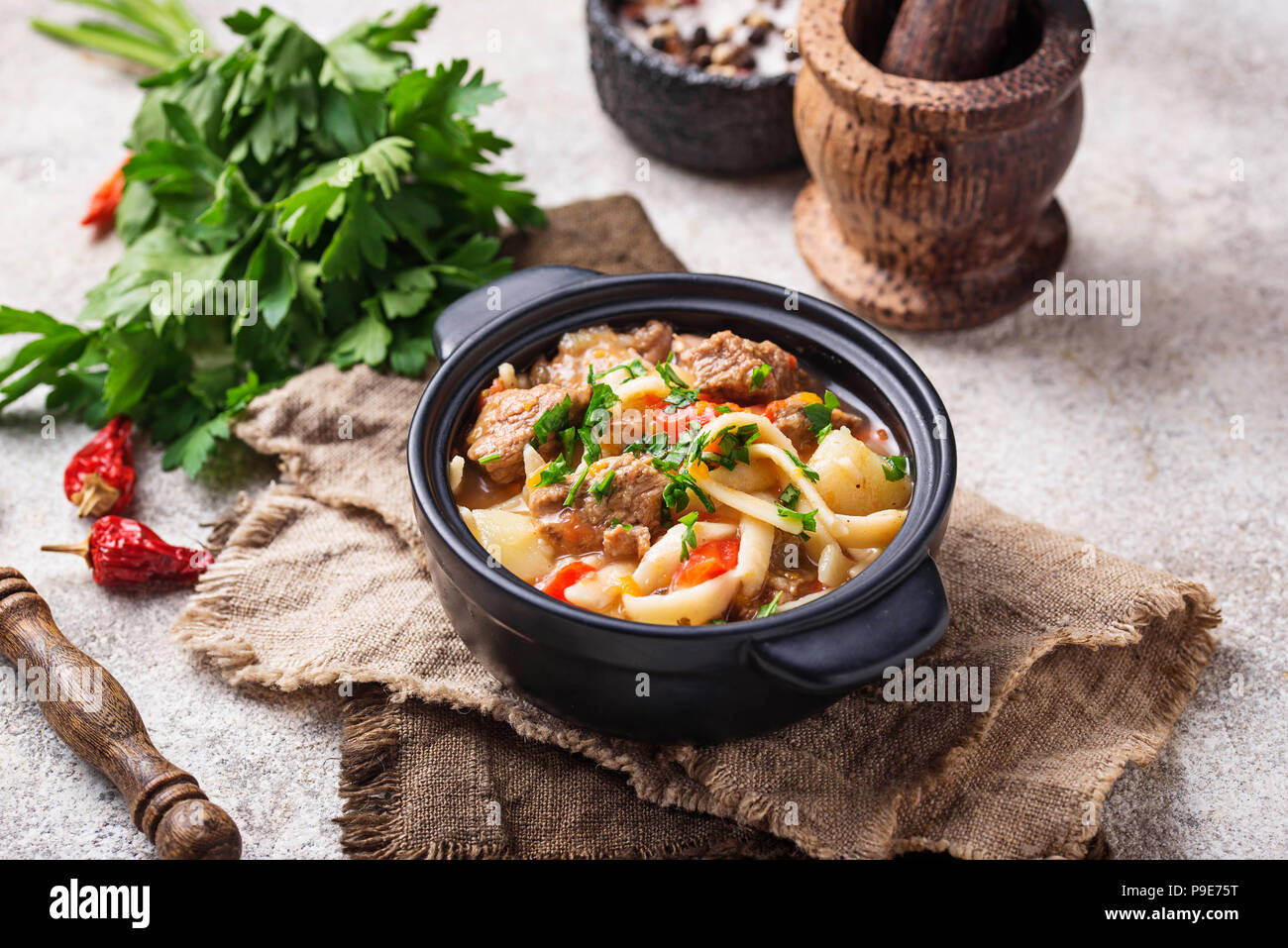 Oriental traditionnel soupe lagman ouzbeks Banque D'Images