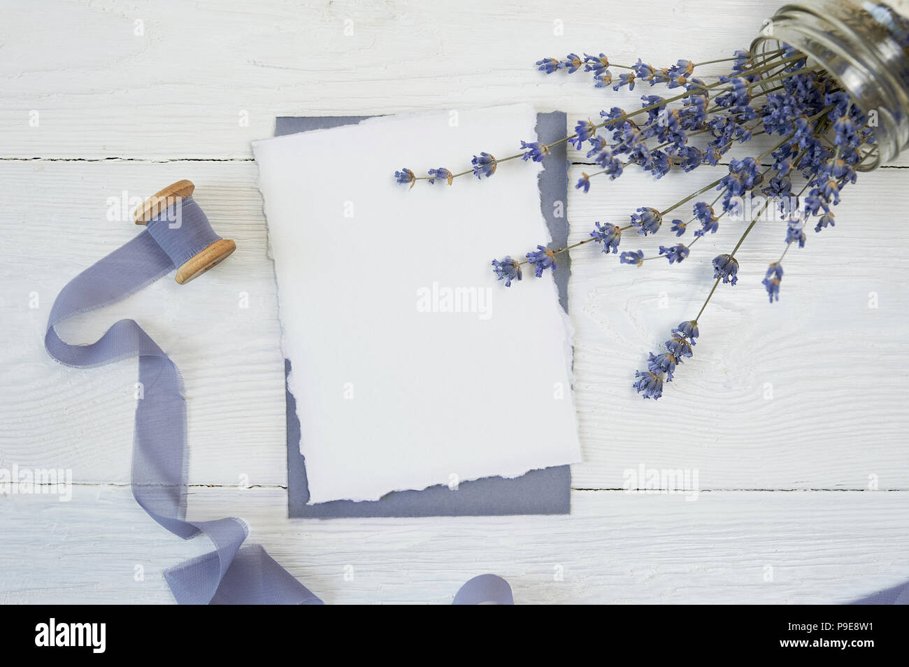 Carte vierge blanc sur fond de fleurs de lavande avec du ruban bleu sur fond blanc. Immersive avec enveloppe et carte vierge. Mise à plat. Vue d'en haut Banque D'Images