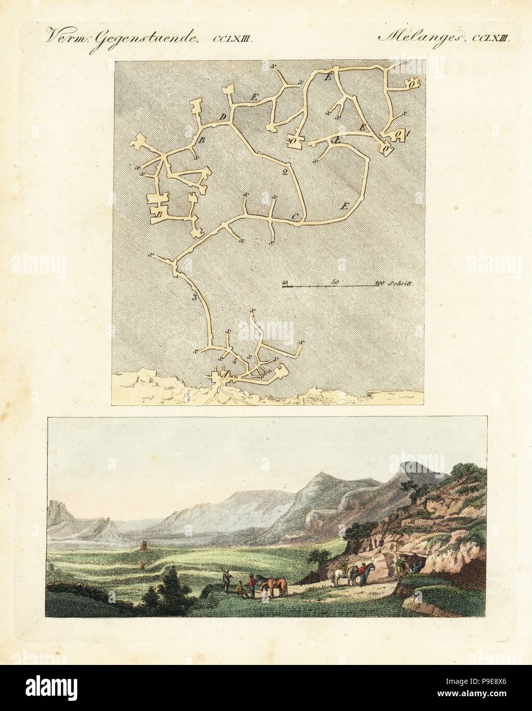 Plan de l'Agioi-Deka près de grottes souterraines, Gortyn, Crète, et l'entrée des grottes. L'on croit être le site de la mythique labyrinthe par Charles Robert Cockerell. Coloriée à la gravure sur cuivre de Johann Friedrich de Bertuch Bilderbuch fur Kinder (Livre d'images pour les enfants), Weimar, 1823. Banque D'Images