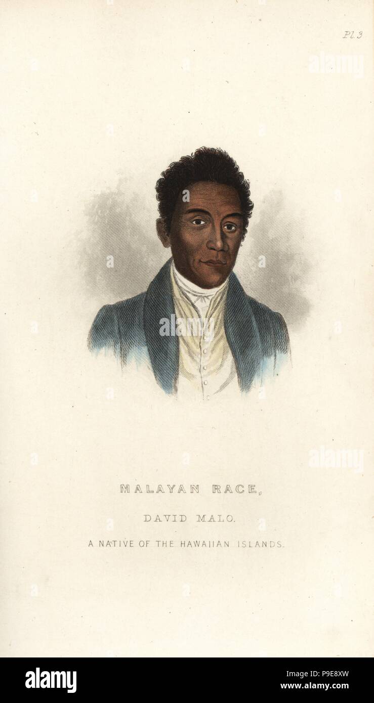 David Malo, historien et ministre Chrétien, originaire d'Hawaï, dans l'ouest de robe. La course de Malaisie. Gravure coloriée après une illustration par Alfred l'Agate de Charles Pickering's les courses de l'homme, Londres, 1850. Banque D'Images