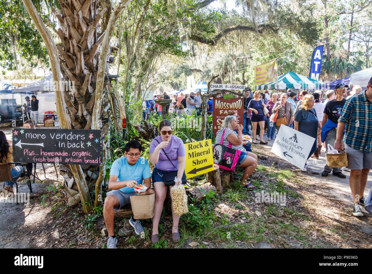 Floride,Micanopy,Fall Harvest Festival,annuel petites villes stands de la communauté vendeurs achetant la vente, la foule, ombre, manger, asiatique garçons, enfant mâle Banque D'Images