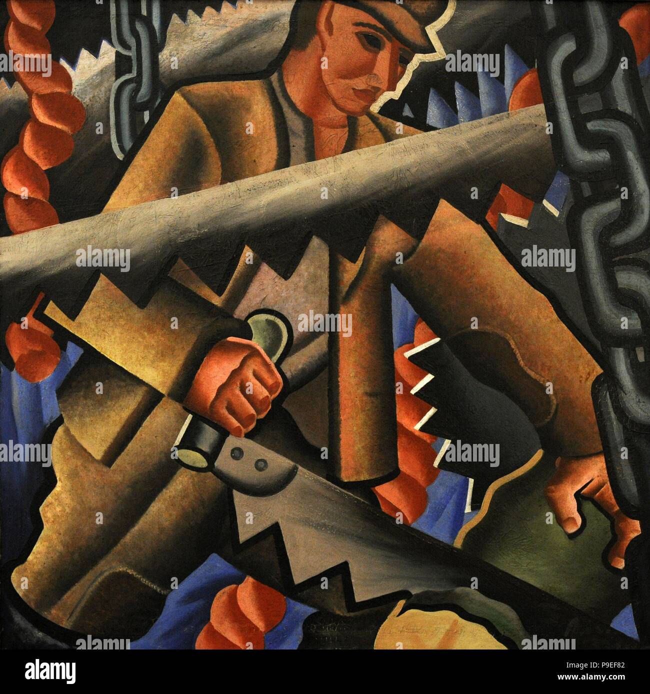 Stasys Usinskas (1905-1974). Peintre lituanienne. L'homme entre les scies, 1936. Galerie nationale d'art de Vilnius. La Lituanie. Banque D'Images