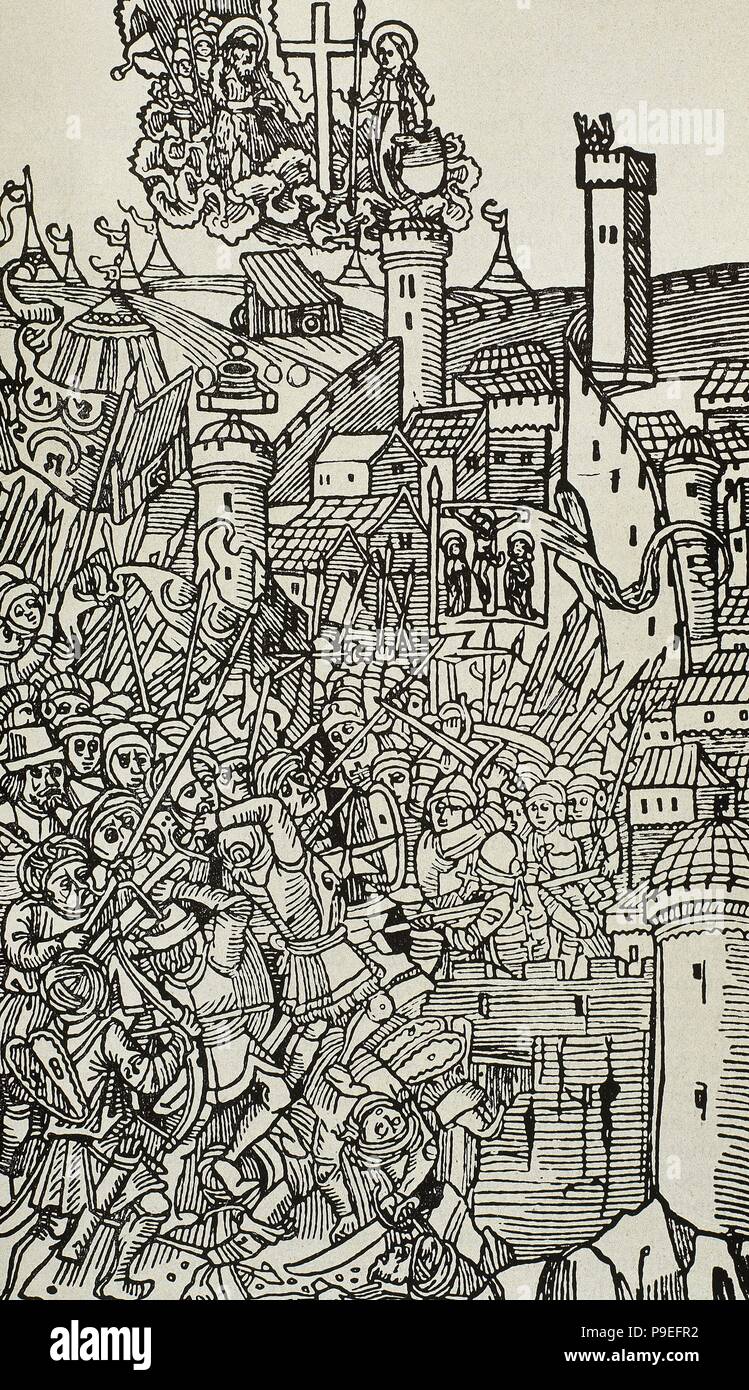 Les guerres ottomanes en Europe. Siège de Rhodes (1480). L'action militaire menée par l'armée ottomane, en vertu de Gedik Ahmet Pasha (mort, 1482). Le but était d'arracher le contrôle de l'île des Chevaliers de Rhodes, un ordre militaire qui a émergé pendant les Croisades. Pierre d'Aubusson (1423-1503), Grand Maître de l'Ordre de Saint-Jean de Jérusalem, a conduit les humains. Gravure d'tabilimenta «Rhodiorum', 1496. Banque D'Images