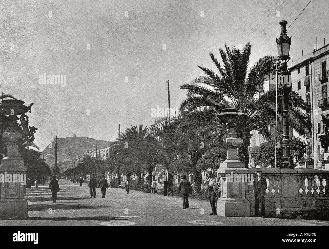 L'Espagne. La Catalogne. Barcelone. Fin du xixe siècle. Passeig de Colom (Columbus' promenade). La photographie. Banque D'Images