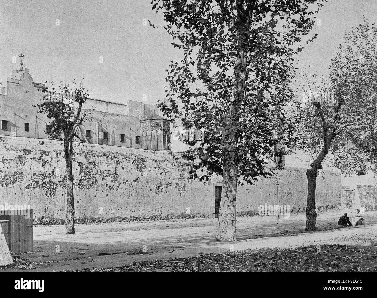 L'Espagne. La Catalogne. Barcelone. 19e siècle. La Prison. En premier lieu, l'espace où les condamnés à la peine capitale, connu sous le nom de Cour de Corders, ont été exécutés. Il a été démoli en 1936. La gravure. Banque D'Images