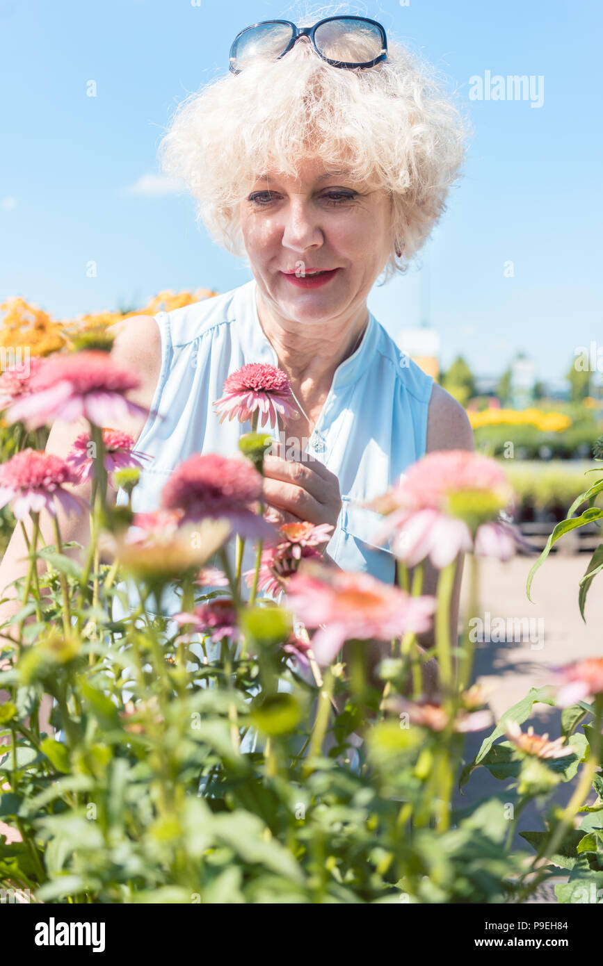 Portrait of a senior woman standing sereine dans le jardin par une journée ensoleillée Banque D'Images
