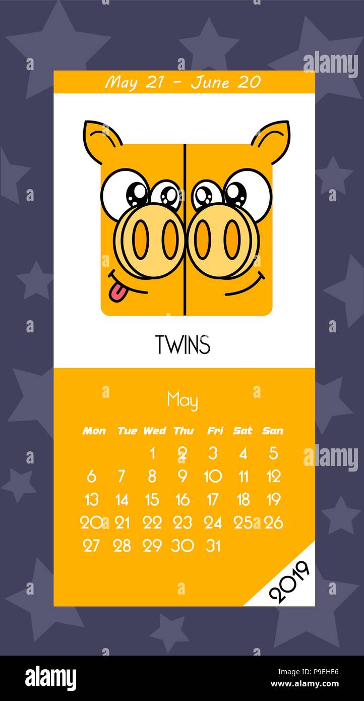 Calendrier 2019 avec horoscope signes zodiac symboles. télévision illustration couleur. Semaine commence le lundi. Illustration de Vecteur