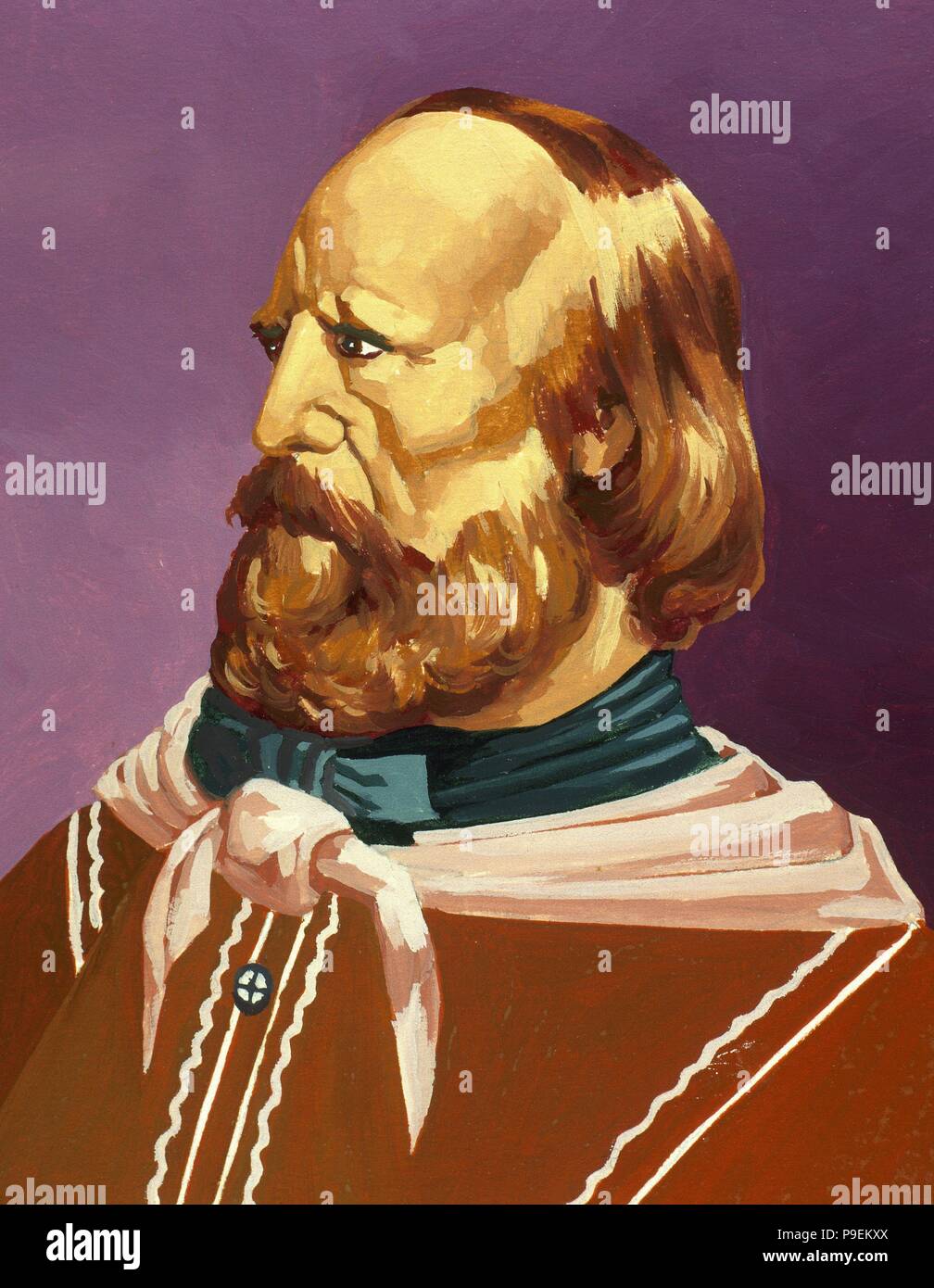 Giuseppe Garibaldi.1807-1882. Militaire et homme politique italien. Portrait. L'aquarelle. Banque D'Images