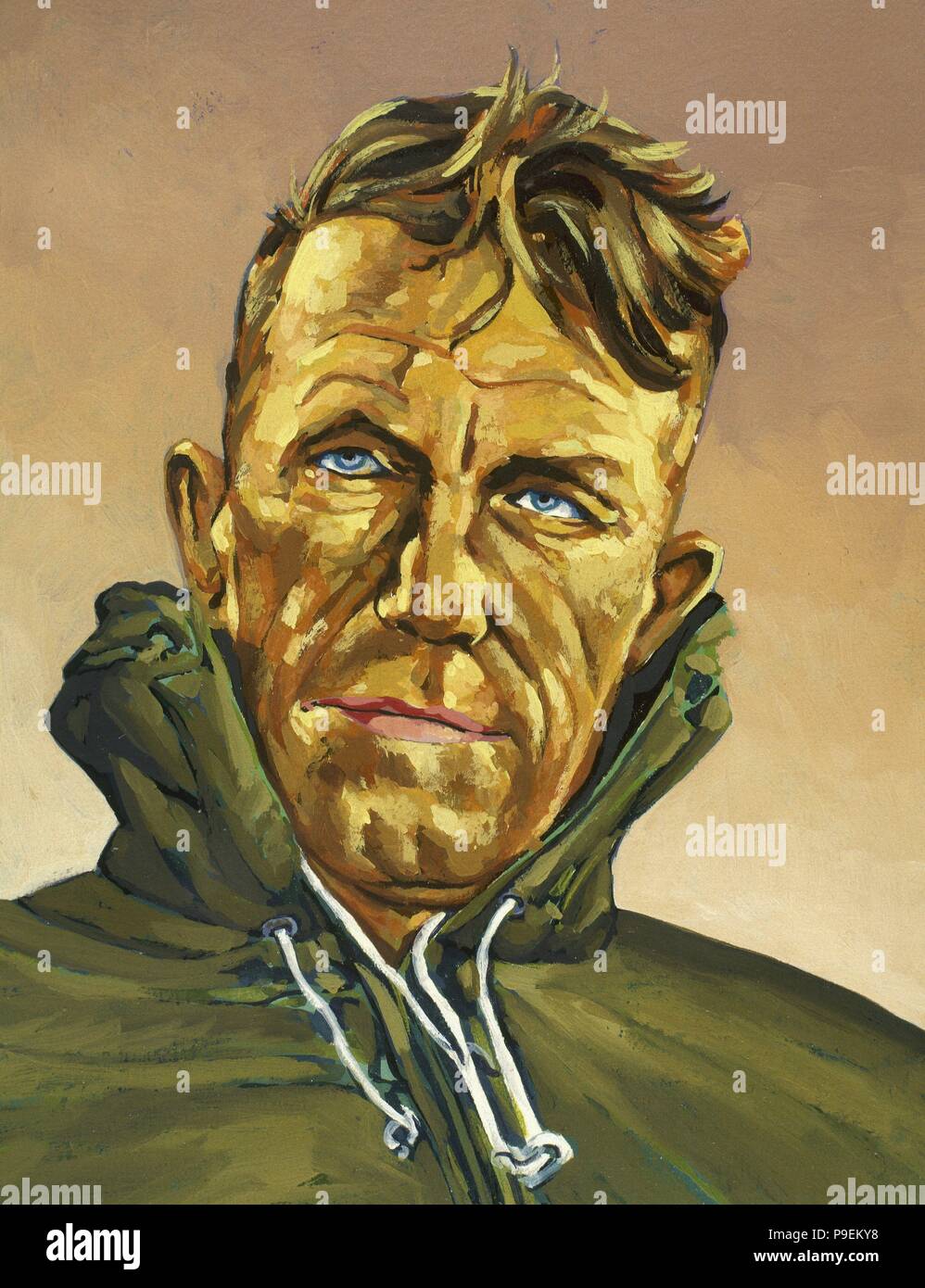 Sir Edmund Hillary (1919-2008). L'alpiniste néo-zélandais, explorateur et philanthrope. Le 29 mai 1953, dans une expédition de Anglo-Zeeland a atteint le sommet du mont Everest, le plus haut dans le monde. Le 4 janvier 1958, dans le cadre d'une expédition britannique, il a atteint le pôle Sud. Portrait. L'aquarelle. Banque D'Images