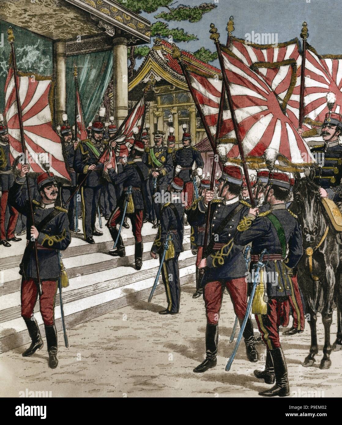 Guerre russo-japonaise (1904-1905). L'empereur japonais Meiji (1852-1912) le drapeau pour la prestation de ses troupes. La gravure. De couleur. Banque D'Images