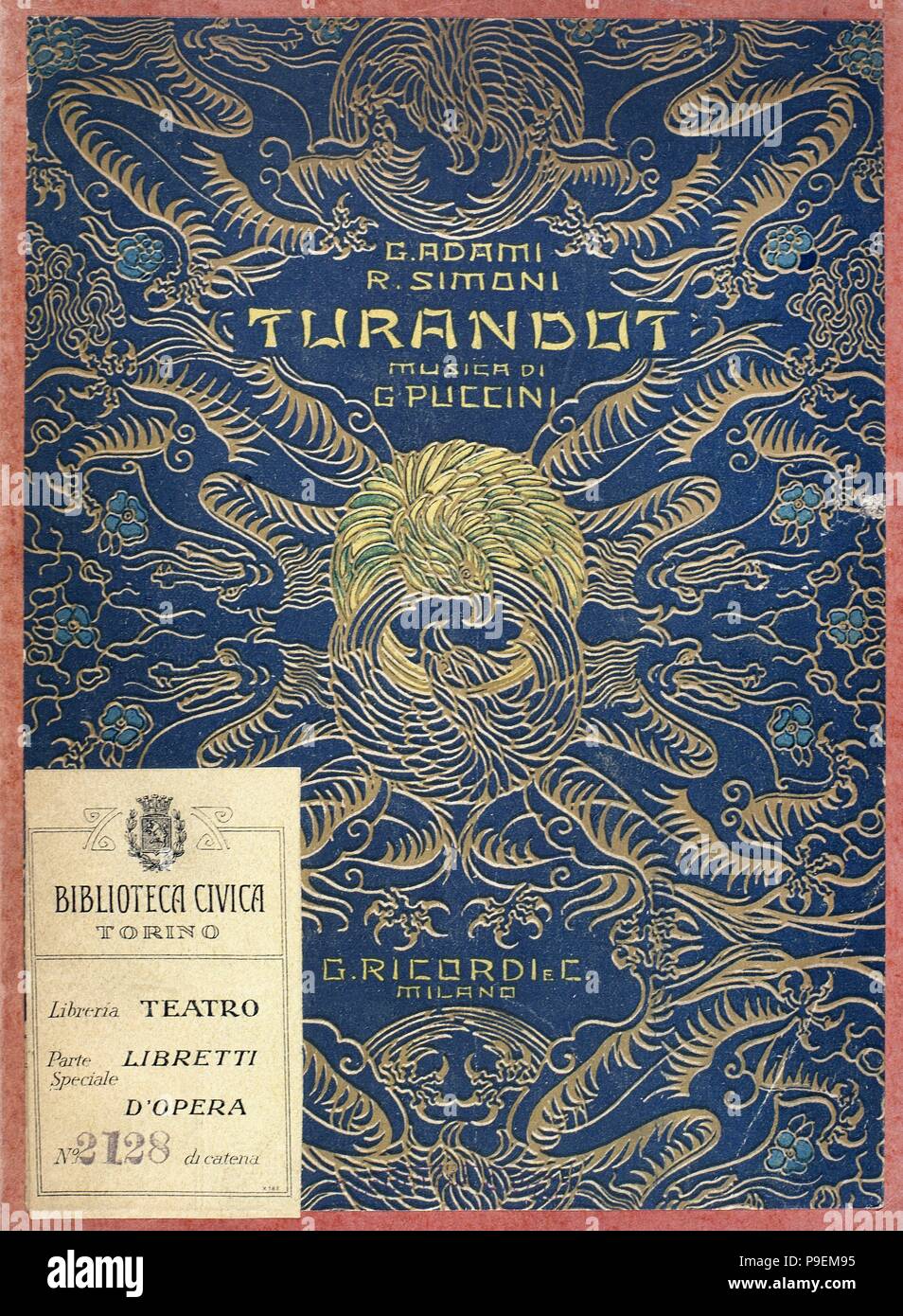 Giacomo Puccini (Lucques, 1858-Bruxelles, 1924). Compositor italiano. Portada del libreto para la ópera "Turandot", su tercera ópera exótica que no pudo realizar. La acabó Franco Alfano y fue estrenada en Milán en 1926, dirigida por Toscanini. Bibliothèque musicale. Turín. Italia. Banque D'Images