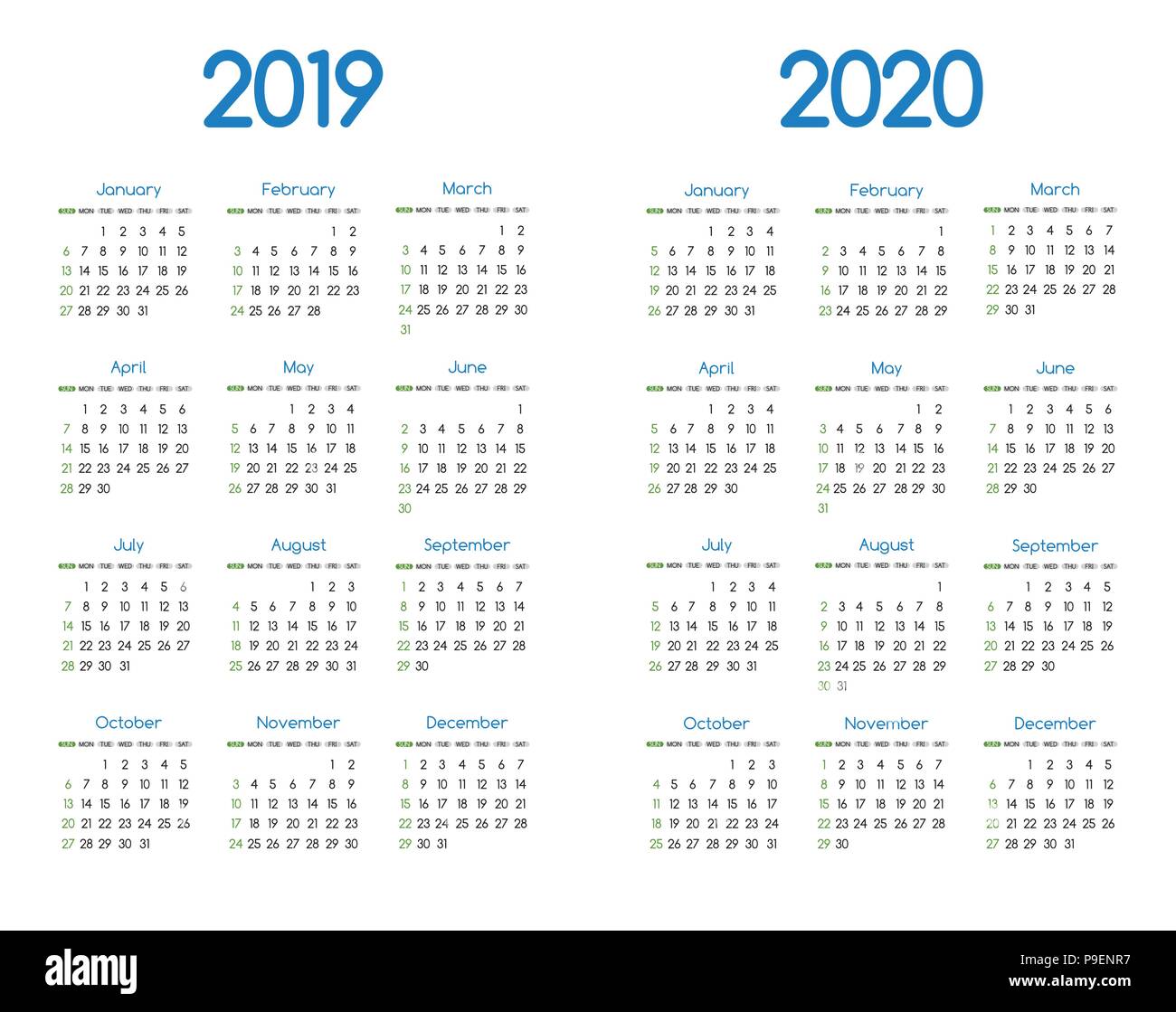Nouvelle année 2019 et 2020 calendrier simple vecteur moderne design avec san serif,Holiday event planner,semaine commence le dimanche Illustration de Vecteur