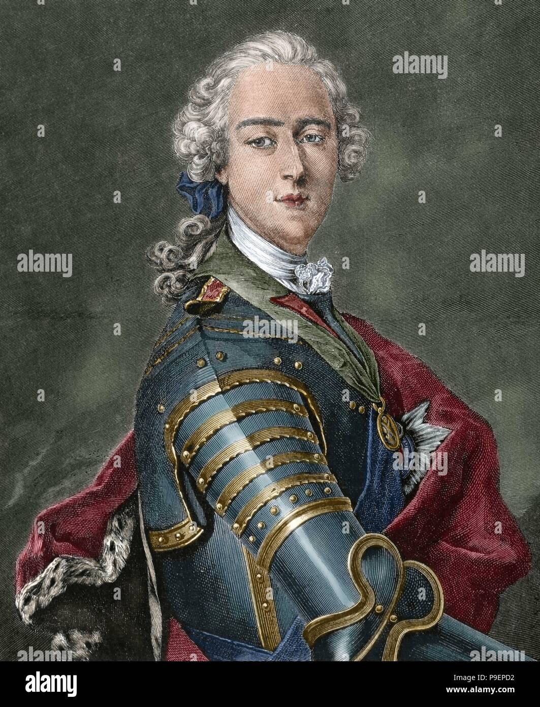 Charles Édouard Stuart (1720-1788), connu comme le Jeune Prétendant et le jeune chevalier. Deuxième prétendant Jacobite aux trônes d'Angleterre, d'Écosse, la France et l'Irlande, comme Charles III, à partir de la mort de son père en 1766. Portrait. Gravure de R. Taylor. De couleur. Banque D'Images