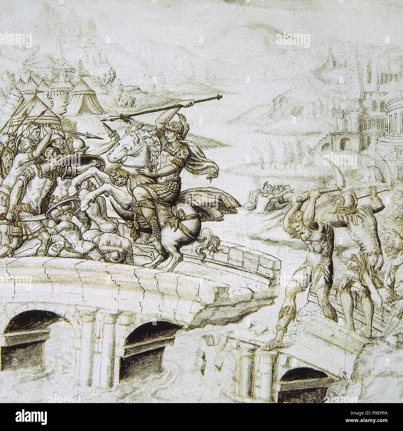 Horatius Cocles a défendu le Sublicus Pons de l'armée d'invasion de Lars Porsena, roi d'Clusian, 6e siècle. Rome/guerre Clusium. Musée Condé. Chantilly. La France. Banque D'Images