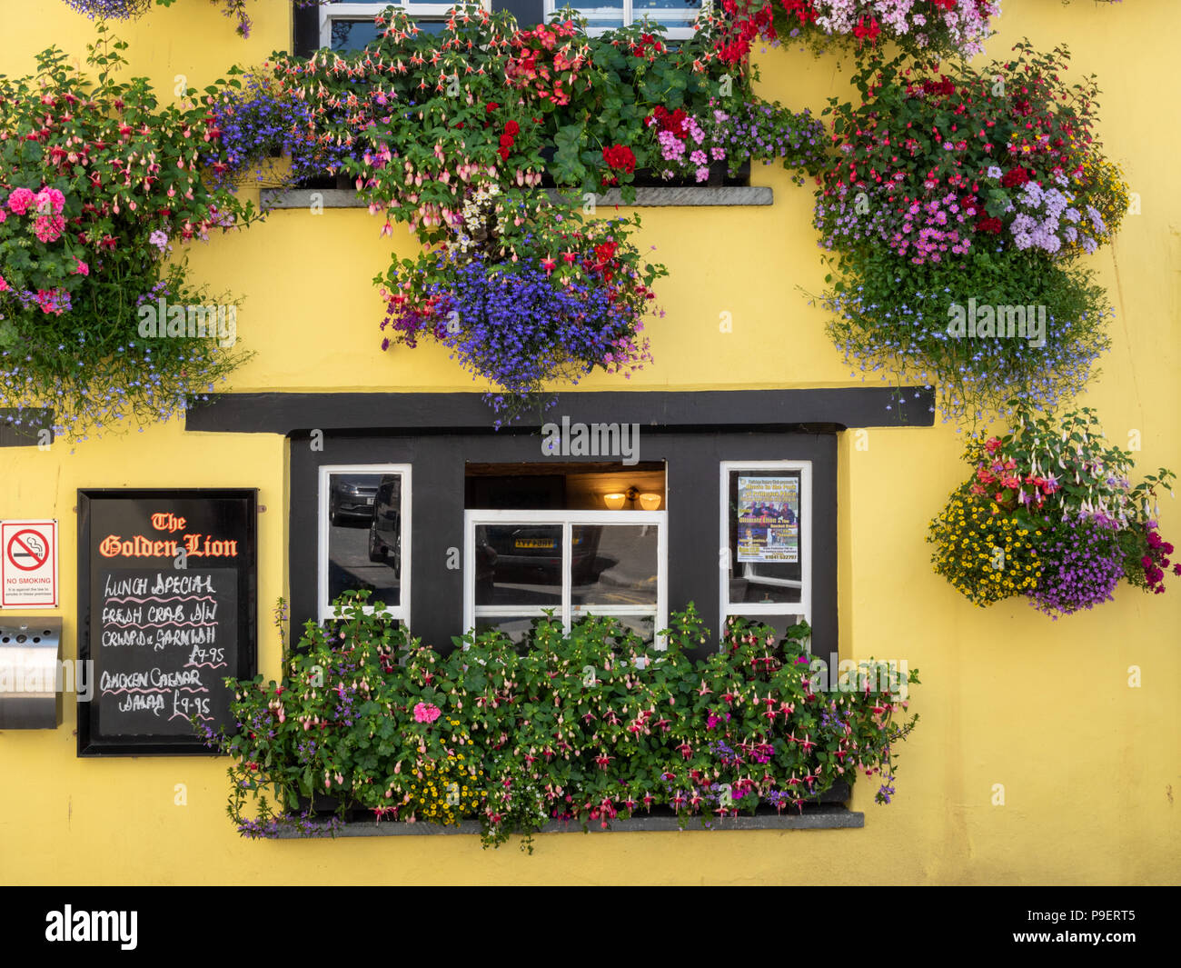 Belle fleur et zones de la fenêtre affiche au Golden Lion Hotel et pub à Padstow Cornwall UK Banque D'Images