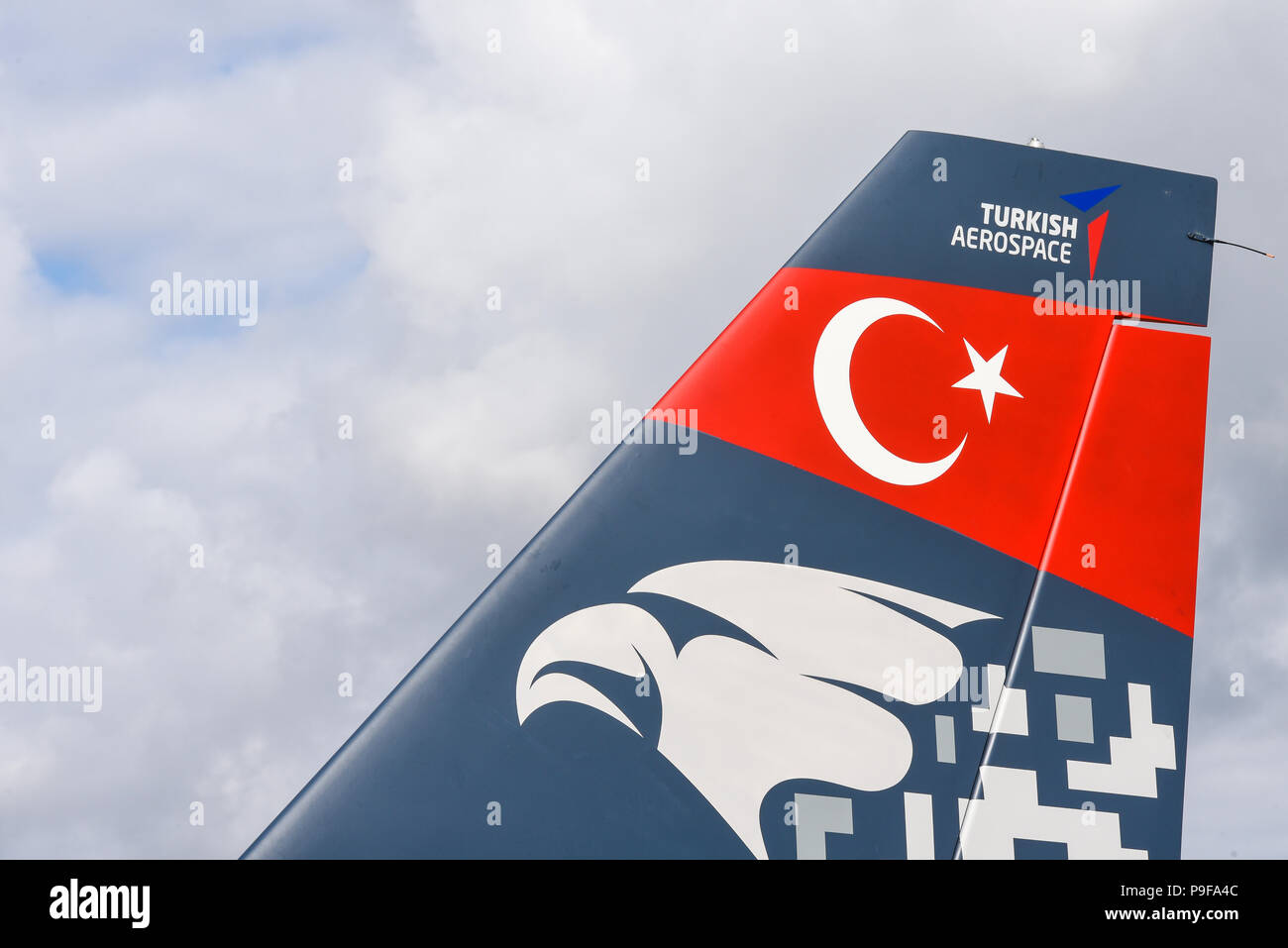 Turkish Aerospace Hurjet dérive avec la Turquie et l'étoile du drapeau du croissant au Farnborough International Airshow, FIA 2018, UK. Journée du commerce pour les entreprises Banque D'Images
