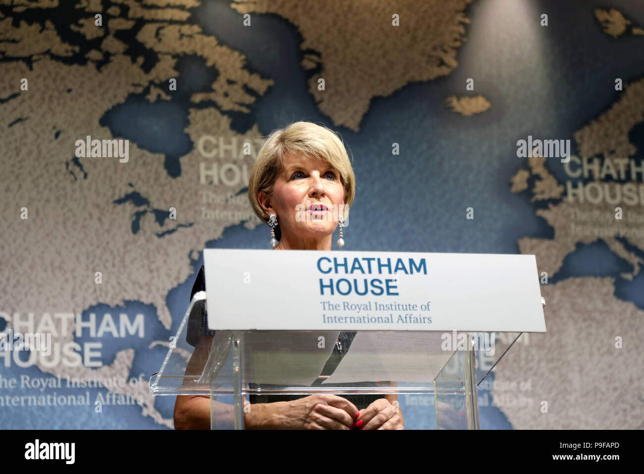 London / UK - 18 juillet 2018 : Julie Bishop, ministre australien des affaires étrangères, parlant au think-tank Chatham House dans le centre de Londres. Credit : Dominic Dudley/Alamy Live News Banque D'Images