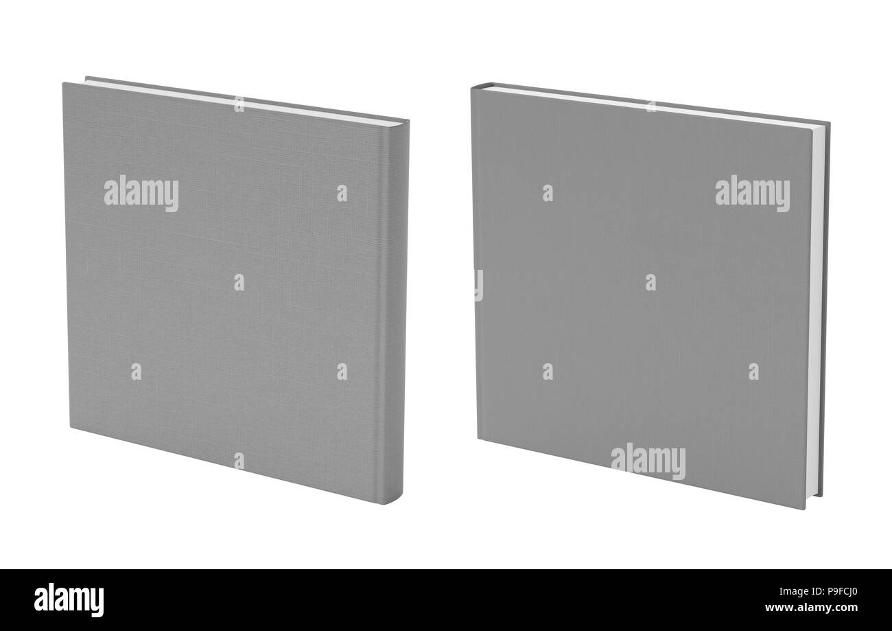 Vue avant et arrière de la maquette de couverture de livre blanc carrée debout avec texture de tissu isolée sur fond blanc Banque D'Images Vue avant et arrière de la maquette de couverture de livre blanc carrée debout avec texture de tissu isolée sur fond blanc Banque D'Images