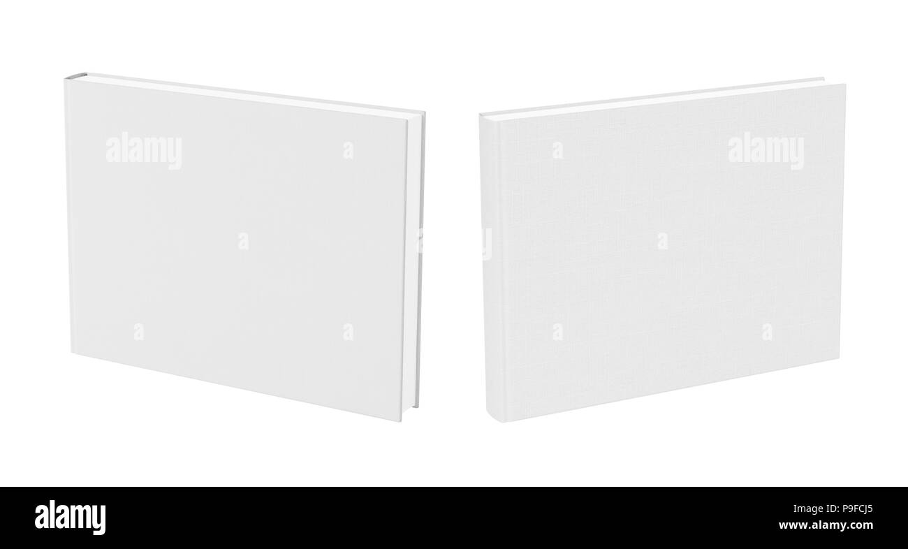 Vue avant et arrière de la maquette de couverture de livre blanc paysage debout avec texture de tissu isolée sur fond blanc Banque D'Images Vue avant et arrière de la maquette de couverture de livre blanc paysage debout avec texture de tissu isolée sur fond blanc Banque D'Images
