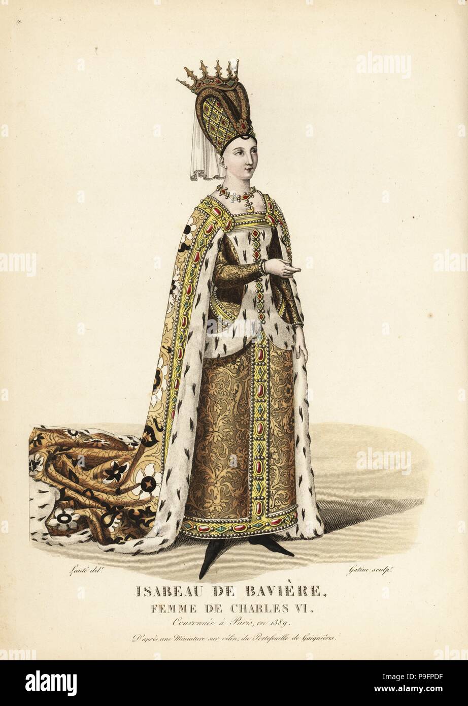 Isabelle de Bavière, épouse du roi Charles VI. Dans sa robe de mariage, 14  ans, 1385. Elle porte un grand sac avec diadem, plus d'un manteau royal sur  cotte dress toutes décorées