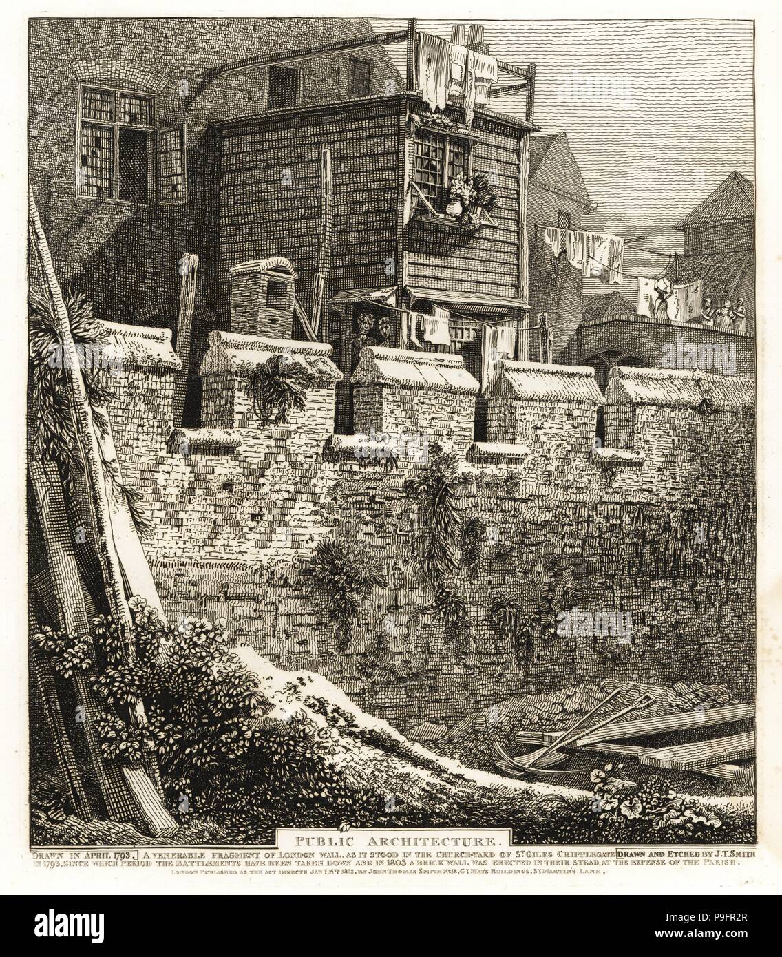 Fragment de mur de Londres à mâchicoulis construit en 1477 pendant le règne du roi Édouard IV telle qu'elle était dans le cimetière de St Giles Cripplegate, 1793. La gravure sur cuivre gravé et dessiné par John Thomas Smith, de sa topographie, de London, en 1812. Banque D'Images