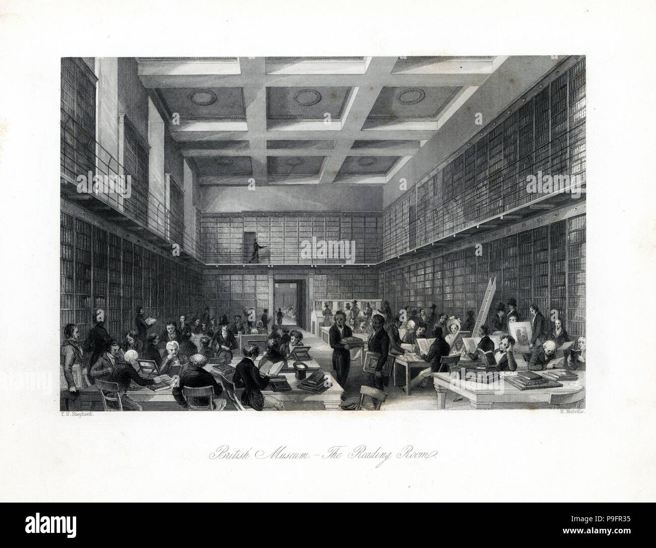 La salle de lecture du British Museum. Messieurs victorienne en chapeaux haut en cuir lire un livre dans la bibliothèque. Gravure sur acier par Henry Melville après une illustration par Thomas Hosmer Shepherd de London Interiors, leurs costumes et les cérémonies, Joshua Mead, Londres, 1841. Banque D'Images