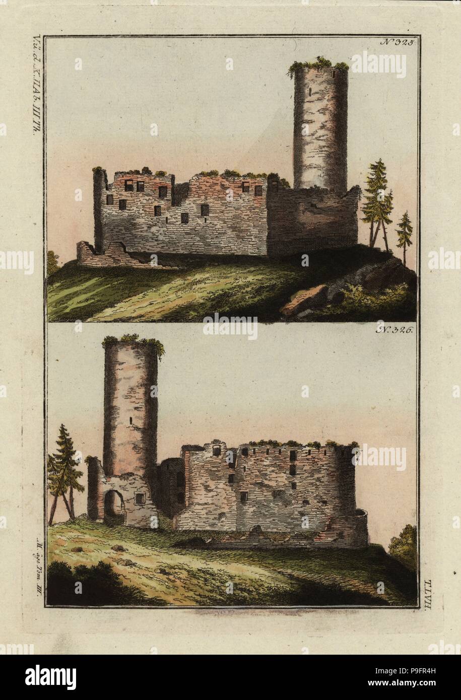 Ruines d'un ancien château fort. Coloriée à la gravure sur cuivre de Robert von Spalart Photo historique des costumes des principaux peuples de l'Antiquité et du Moyen Âge, Chez Collignon, Metz, 1810. Banque D'Images