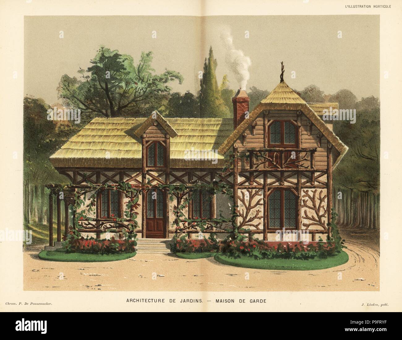 Architecture de jardin : maison de gardien avec rose trellis et toit de chaume. Chromolithographie par P. De Pannemaeker de Jean Linden's l'Illustration horticole, Bruxelles, 1883. Banque D'Images