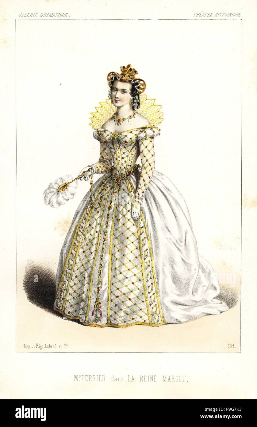 Madame Perrier dans La Reine Margot d'Alexandre Dumas et Auguste Maquet, théâtre historique, 1847. Lithographie coloriée après une illustration par Alexandre Lacauchie de Victor Dollet's Galerie dramatique : les costumes des théâtres de Paris, Paris, 1847. Banque D'Images