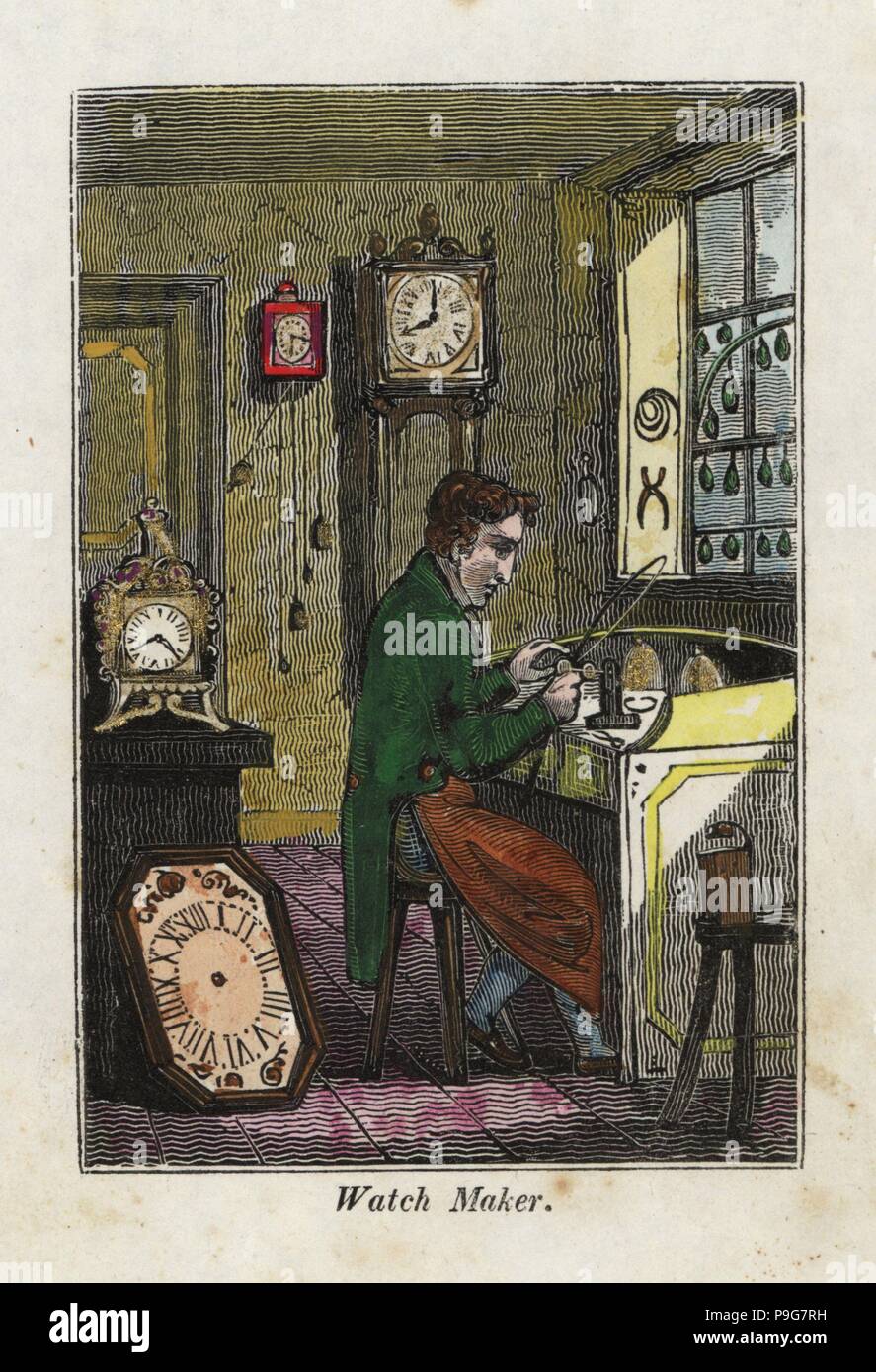 Horloger en tablier assis à son banc en metal gears. Gravure sur bois coloriée du livre de l'anglais et les métiers de la Bibliothèque des arts utiles, Phillips, Londres, 1818. Banque D'Images