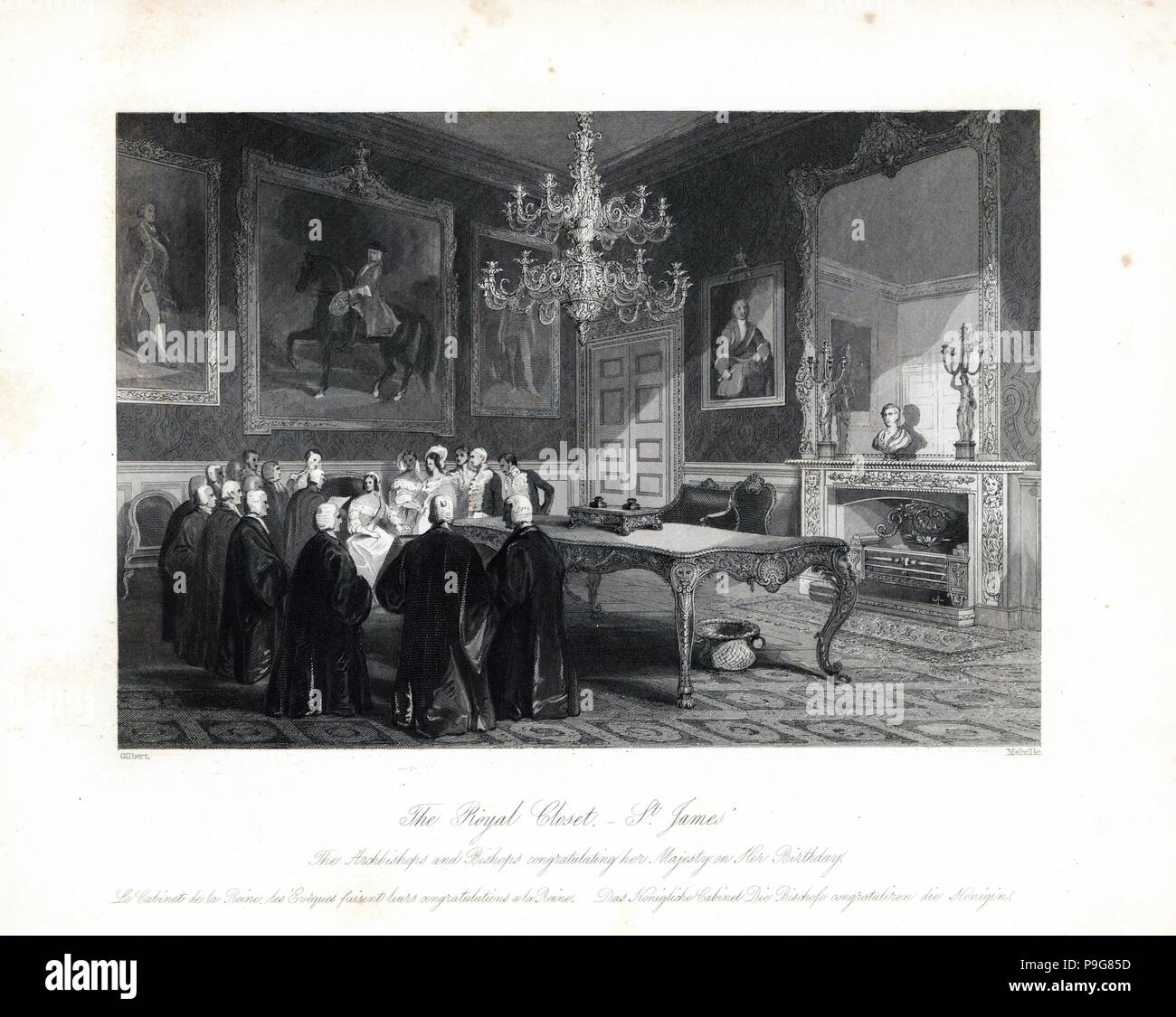 Le Royal penderie, St James's Palace. Les archevêques et évêques de féliciter la reine Victoria pour son anniversaire. Gravure sur acier par Henry Melville après une illustration par Gilbert de London Interiors, leurs costumes et les cérémonies, Joshua Mead, Londres, 1841. Banque D'Images