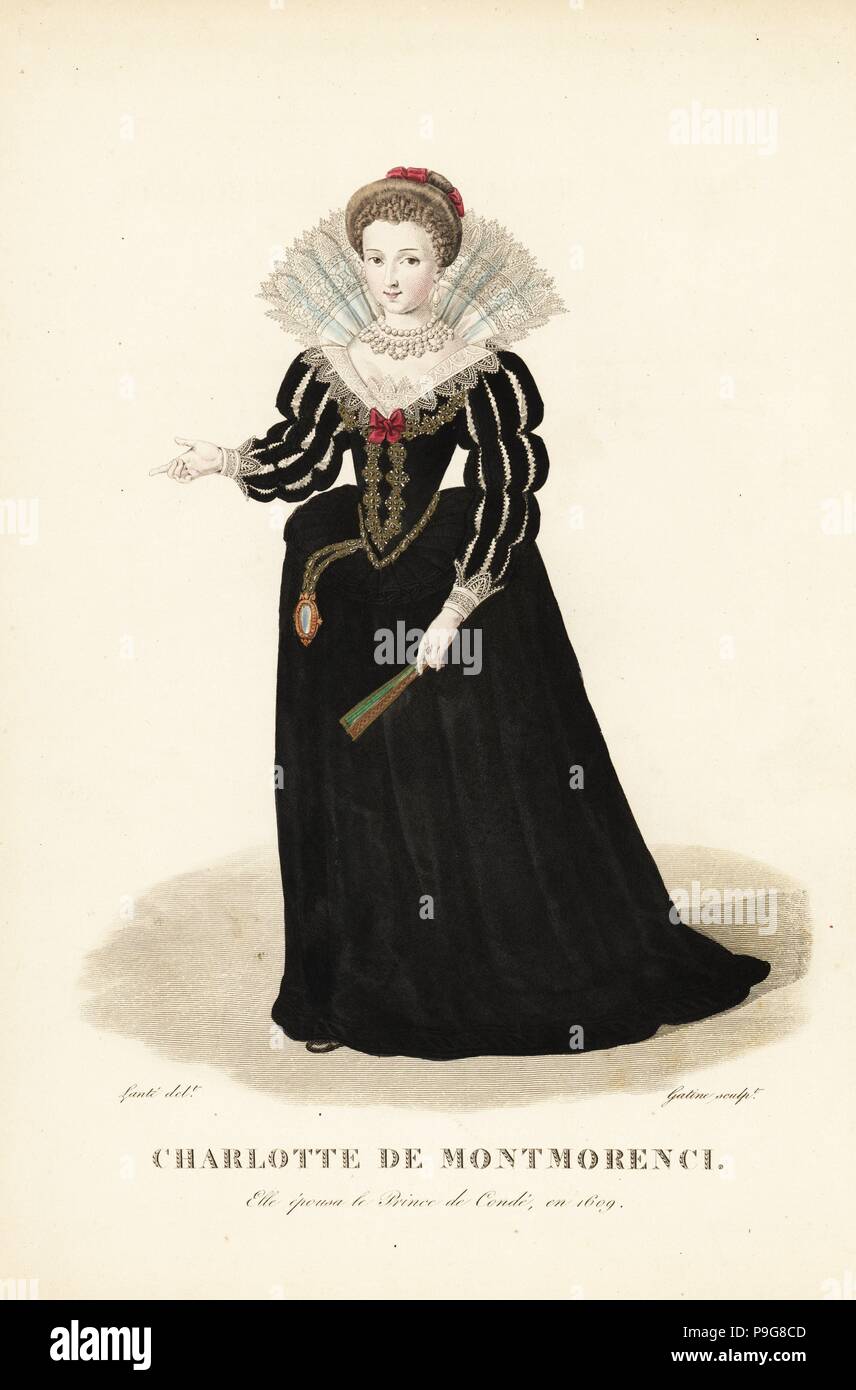 Charlotte de Montmorenci, épouse de Henri de Bourbon, prince de Condé, 1594-1650. Elle porte ses cheveux attachés avec des rubans, un collier dentelle, colliers de perles, robe Corset brodé, chute de manches, vertugadin vertugadin français ou la benne, et longue jupe. La gravure sur cuivre coloriée par Georges Jacques Gatine après une illustration par Louis Marie lante de la galerie française de femmes celebres, Paris, 1827. Banque D'Images