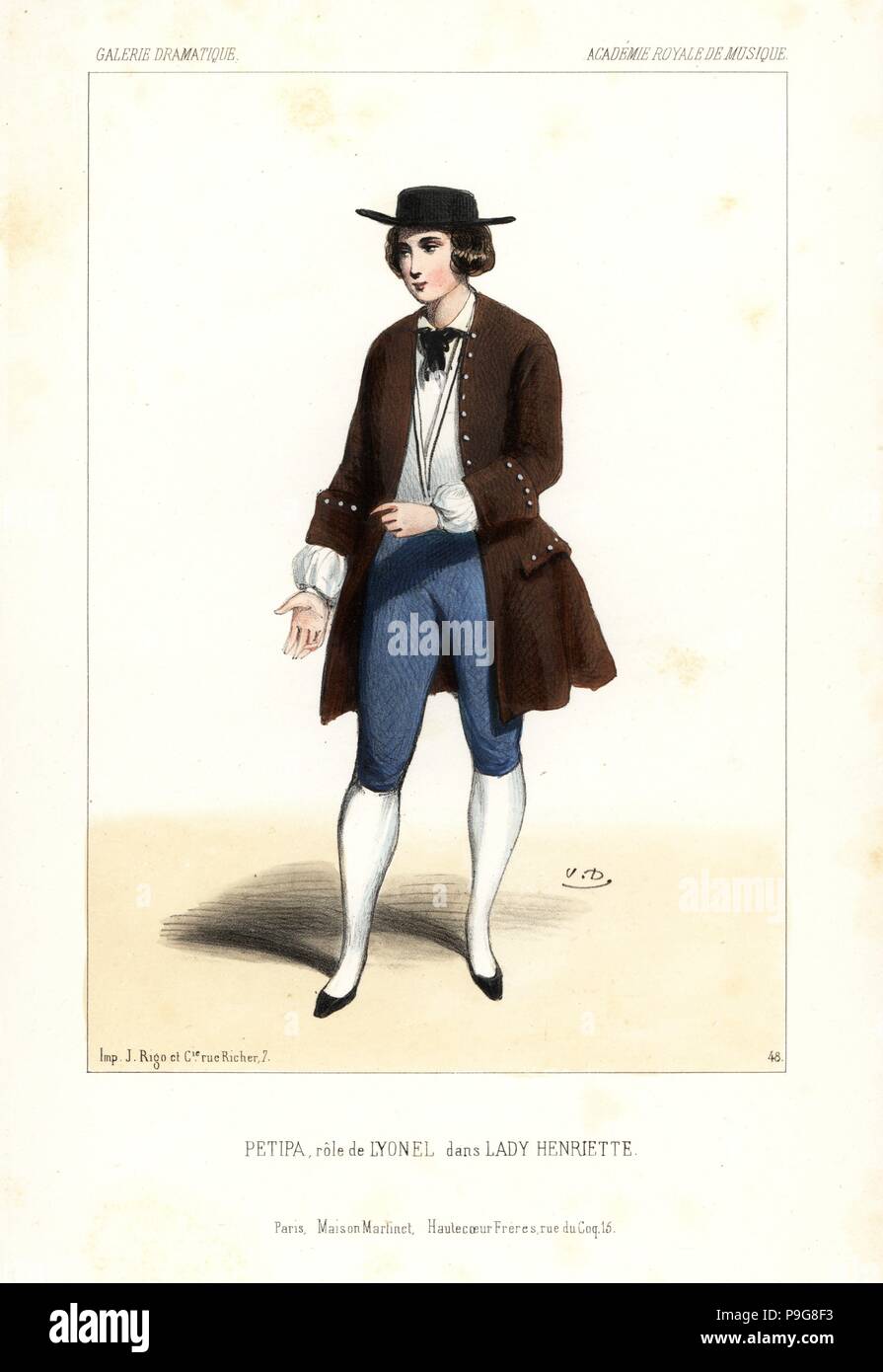 Ballerine Lucien Petipa comme Lyonel dans Lady Henriette par Mazilier, Académie Royale de Musique, 1844. Lithographie coloriée après une illustration par Victor Dollet à partir de la Galerie dramatique : les costumes des théâtres de Paris, Paris, 1844. Banque D'Images