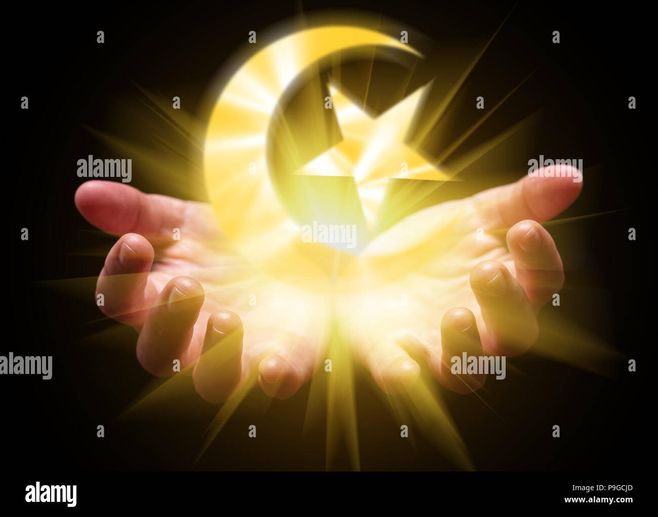 Mains en forme de coupe et détenant ou montrant le croissant. Lune et étoiles lumineuses, ardent, avec lumière brillante. Concept pour l'Islam, islamique, musulman, arabe, arabe, Banque D'Images
