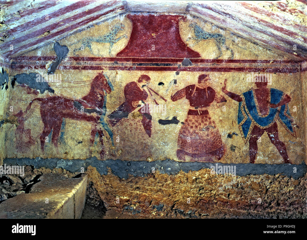 Tombeau des deux faisceaux, détail des peintures murales de Tarquinia. Banque D'Images