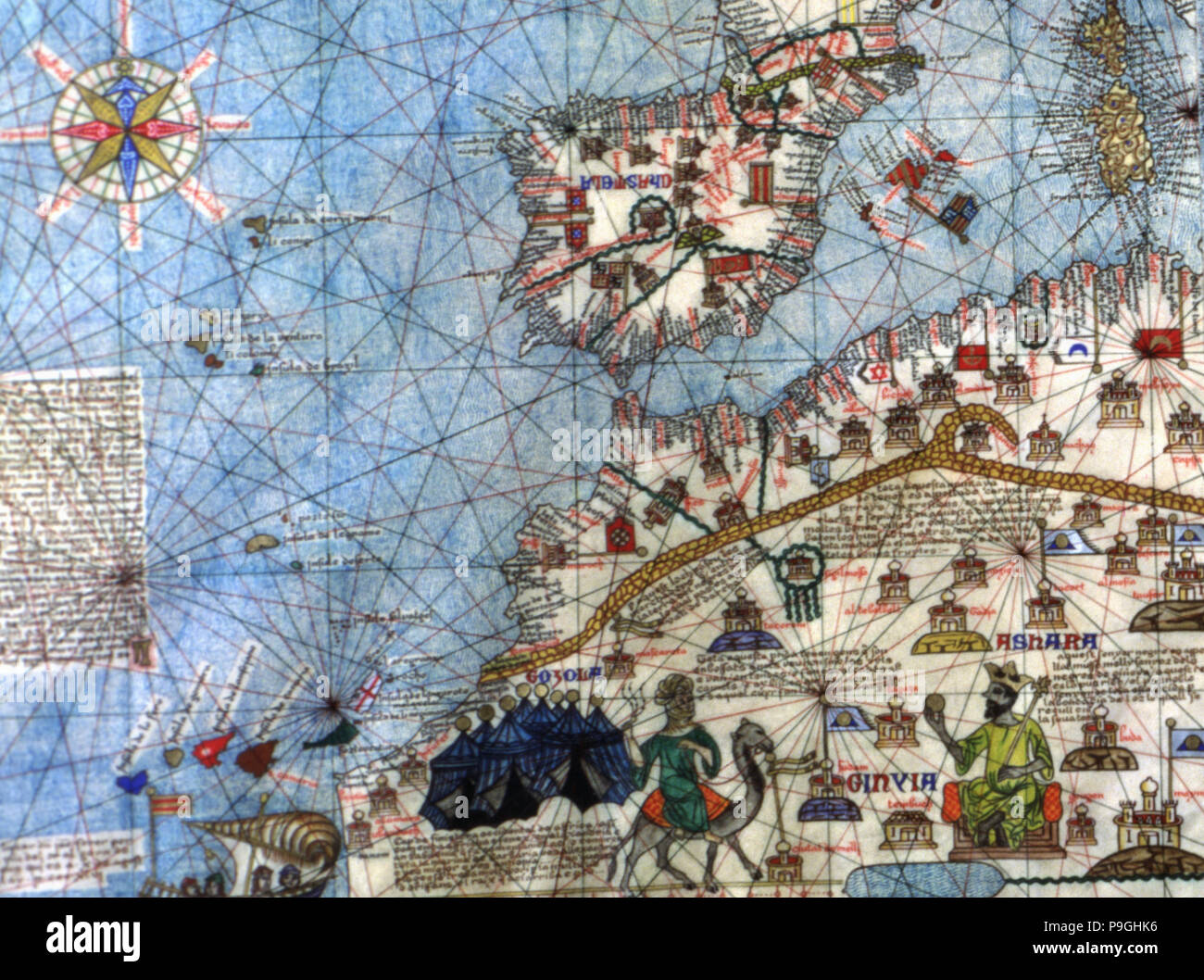 Atlas Catalan (1375). Détail de l'Espagne et l'Afrique du Nord. Reproduction de l'original qui est lo… Banque D'Images