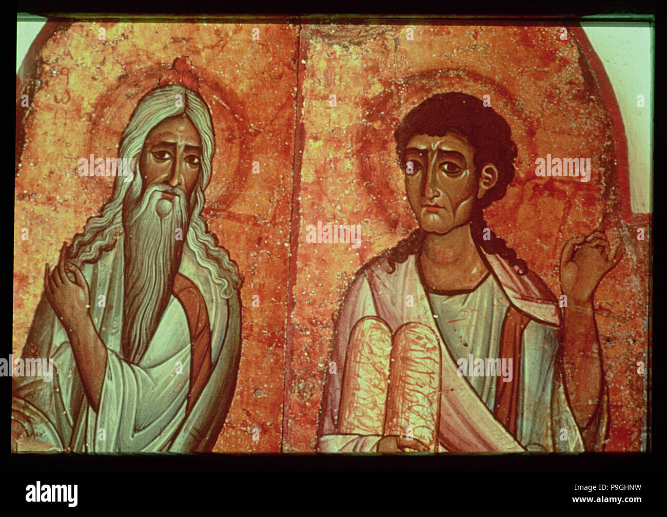 Peintures murales de le Monastère de Sainte Catherine dans le Sinaï, Dieu et Moïse avec les tables. Banque D'Images