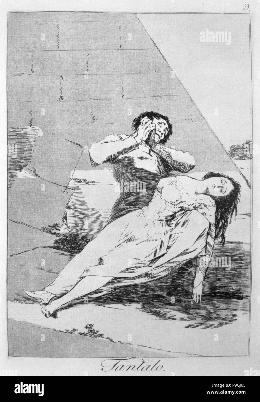 Los Caprichos, série de gravures de Francisco de Goya (1746-1828), la plaque 9 : 'Tántalo' (tantale)… Banque D'Images